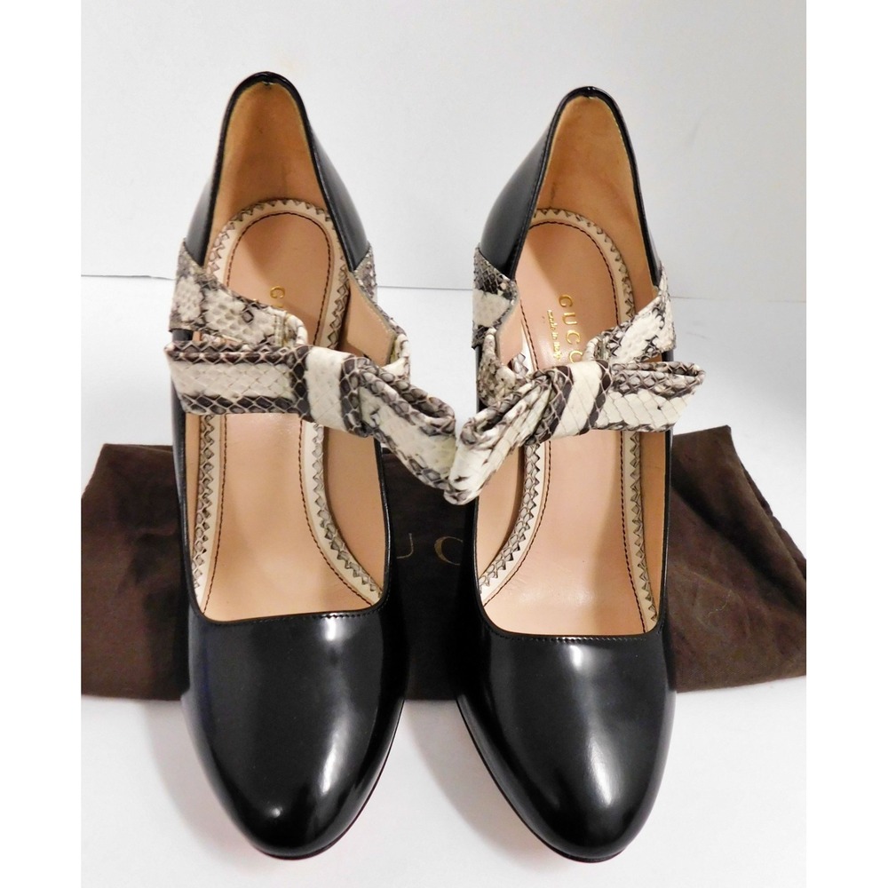 GUCCI Nimue Snakeskin Bow Polished Leather Pumps Size 36.5 (6.5 US) $1000rt - Picture 4 of 8